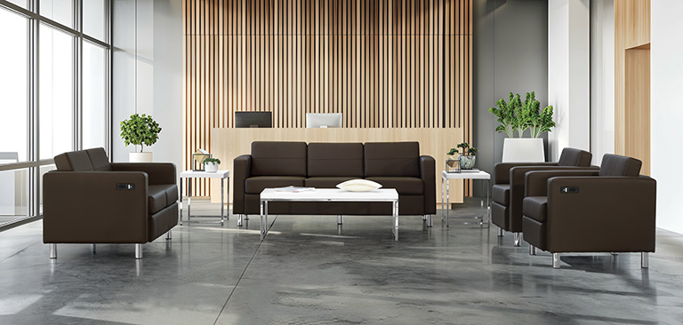 Modern office reception with wooden details, minimalistic design